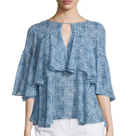 Rebecca Taylor Shibori Printed Blue Silk Ruffle Blouse Size S - Picture 1 of 12